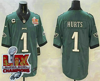 Men's Philadelphia Eagles #1 Jalen Hurts Green Limited Super Bowl LIX Champions FUSE Vapor Jersey