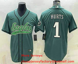 Men's Philadelphia Eagles #1 Jalen Hurts Green With Patch Cool Base Stitched Baseball Jersey