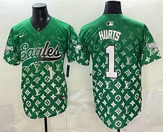 Men's Philadelphia Eagles #1 Jalen Hurts Green With Patch Limited Stitched Baseball Jersey