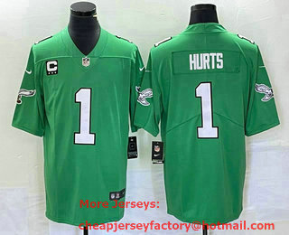 Men's Philadelphia Eagles #1 Jalen Hurts Green C Patch 2023 Vapor Limited Throwback Jersey