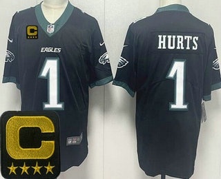 Men's Philadelphia Eagles #1 Jalen Hurts Limited Black Captain Patch Vapor Jersey