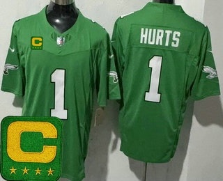 Men's Philadelphia Eagles #1 Jalen Hurts Limited Kelly Green Captain Patch FUSE Vapor Jersey