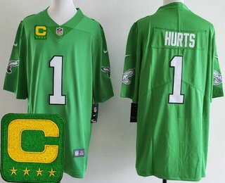 Men's Philadelphia Eagles #1 Jalen Hurts Limited Kelly Green Captain Patch Vapor Jersey
