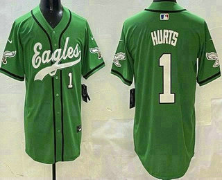 Men's Philadelphia Eagles #1 Jalen Hurts Limited Kelly Green Fashion Baseball Jersey