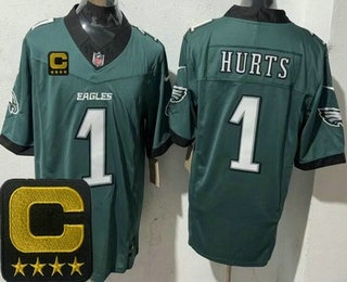 Men's Philadelphia Eagles #1 Jalen Hurts Limited Midnight Green Captain Patch FUSE Vapor Jersey