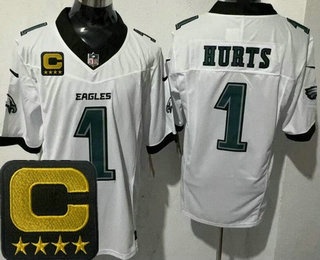 Men's Philadelphia Eagles #1 Jalen Hurts Limited White Captain Patch FUSE Vapor Jersey