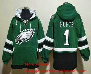 Men's Philadelphia Eagles #1 Jalen Hurts NEW Green Pocket Stitched NFL Pullover Hoodie