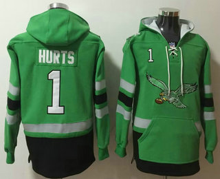 Men's Philadelphia Eagles #1 Jalen Hurts NEW Green Pocket Stitched Pullover Hoodie 01