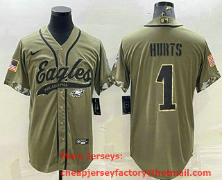 Men's Philadelphia Eagles #1 Jalen Hurts Olive 2022 Salute To Service Cool Base Stitched Baseball Jersey