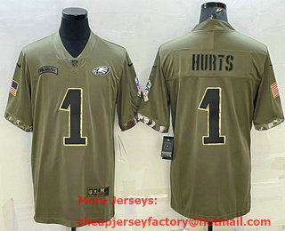 Men's Philadelphia Eagles #1 Jalen Hurts Olive 2022 Salute To Service Limited Stitched Jersey