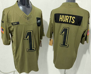Men's Philadelphia Eagles #1 Jalen Hurts Olive 2025 FUSE Salute to Service Limited Stitched Jersey