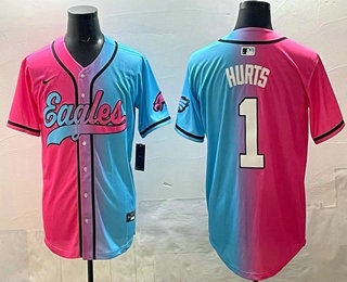 Men's Philadelphia Eagles #1 Jalen Hurts Pink Blue Split Limited Baseball Jersey