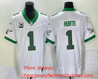 Men's Philadelphia Eagles #1 Jalen Hurts White C Patch 2023 FUSE Vapor Limited Throwback Stitched Jersey