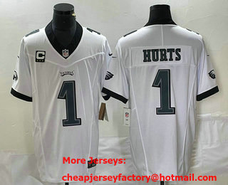 Men's Philadelphia Eagles #1 Jalen Hurts White C Patch 2023 FUSE Vapor Stitched Jersey