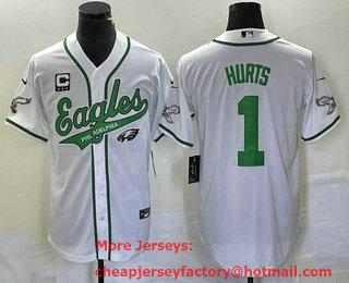 Men's Philadelphia Eagles #1 Jalen Hurts White C Patch Cool Base Stitched Baseball Jersey 01