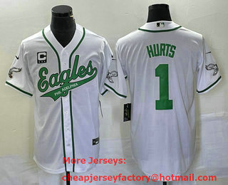 Men's Philadelphia Eagles #1 Jalen Hurts White C Patch Cool Base Stitched Baseball Jersey 02