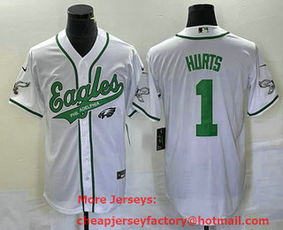 Men's Philadelphia Eagles #1 Jalen Hurts White Cool Base Stitched Baseball Jersey 01