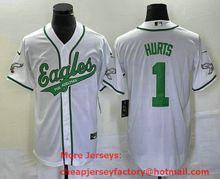 Men's Philadelphia Eagles #1 Jalen Hurts White Cool Base Stitched Baseball Jersey 02