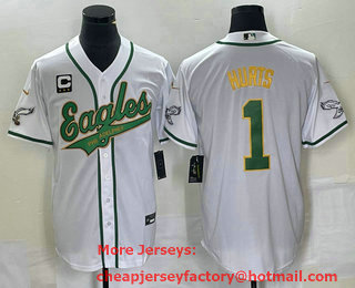 Men's Philadelphia Eagles #1 Jalen Hurts White Gold C Patch Cool Base Stitched Baseball Jersey 01