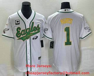 Men's Philadelphia Eagles #1 Jalen Hurts White Gold C Patch Cool Base Stitched Baseball Jersey 02