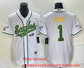 Men's Philadelphia Eagles #1 Jalen Hurts White Gold Cool Base Stitched Baseball Jersey 01