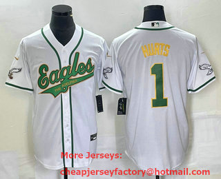 Men's Philadelphia Eagles #1 Jalen Hurts White Gold Cool Base Stitched Baseball Jersey 02