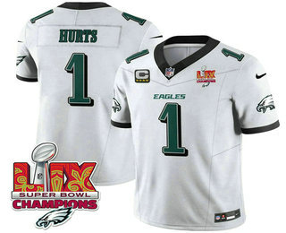 Men's Philadelphia Eagles #1 Jalen Hurts White Limited Super Bowl LIX Champions FUSE Vapor Jersey