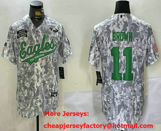 Men's Philadelphia Eagles #11 AJ Brown Arctic Camo 2024 Salute to Service Stitched Baseball Jersey