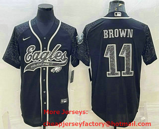 Men's Philadelphia Eagles #11 AJ Brown Black Reflective With Patch Cool Base Stitched Baseball Jersey