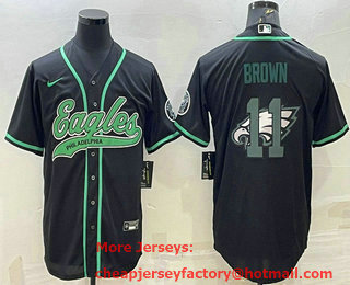 Men's Philadelphia Eagles #11 AJ Brown Black Team Big Logo With Patch Cool Base Stitched Baseball Jersey