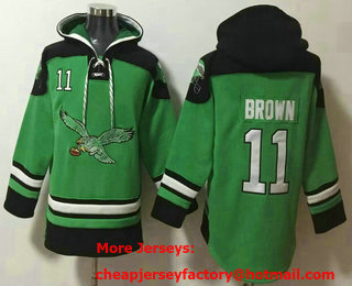 Men's Philadelphia Eagles #11 AJ Brown Green Ageless Must Have Lace Up Pullover Hoodie