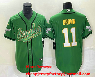 Men's Philadelphia Eagles #11 AJ Brown Green Gold Cool Base Stitched Baseball Jersey