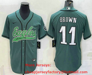 Men's Philadelphia Eagles #11 AJ Brown Green With Patch Cool Base Stitched Baseball Jersey