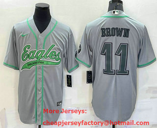 Men's Philadelphia Eagles #11 AJ Brown Grey With Patch Cool Base Stitched Baseball Jersey