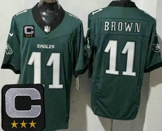 Men's Philadelphia Eagles #11 AJ Brown Limited Midnight Green 2025 Captain Patch FUSE Vapor Jersey