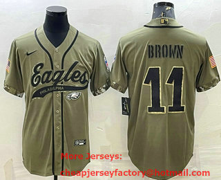 Men's Philadelphia Eagles #11 AJ Brown Olive 2022 Salute To Service Cool Base Stitched Baseball Jersey