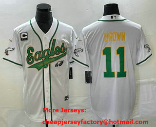 Men's Philadelphia Eagles #11 AJ Brown White Gold C Patch Cool Base Stitched Baseball Jersey