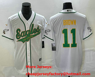 Men's Philadelphia Eagles #11 AJ Brown White Gold Cool Base Stitched Baseball Jersey