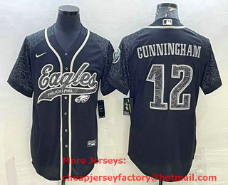 Men's Philadelphia Eagles #12 Randall Cunningham  Black Reflective With Patch Cool Base Stitched Baseball Jersey