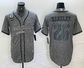 Men's Philadelphia Eagles #26 Saquon Barkley Grey Gridiron With C Patch Cool Base Stitched Baseball Jersey 01