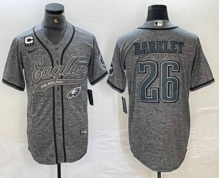 Men's Philadelphia Eagles #26 Saquon Barkley Grey Gridiron With C Patch Cool Base Stitched Baseball Jersey 02