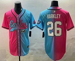 Men's Philadelphia Eagles #26 Saquon Barkley Pink Blue Split Limited Baseball Jersey