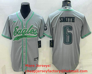 Men's Philadelphia Eagles #6 DeVonta Smith Gray With Patch Cool Base Stitched Baseball Jersey