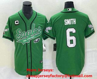 Men's Philadelphia Eagles #6 DeVonta Smith Green C Patch Cool Base Stitched Baseball Jersey