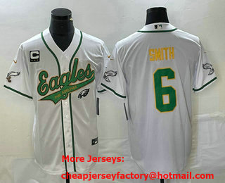 Men's Philadelphia Eagles #6 DeVonta Smith White Gold C Patch Cool Base Stitched Baseball Jersey