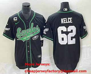 Men's Philadelphia Eagles #62 Jason Kelce Black C Patch Cool Base Stitched Baseball Jersey