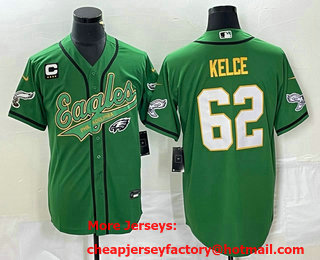 Men's Philadelphia Eagles #62 Jason Kelce Green Gold C Patch Cool Base Stitched Baseball Jersey