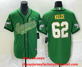 Men's Philadelphia Eagles #62 Jason Kelce Green Gold Cool Base Stitched Baseball Jersey