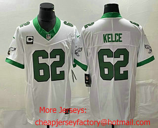 Men's Philadelphia Eagles #62 Jason Kelce White C Patch 2023 FUSE Vapor Limited Throwback Stitched Jersey