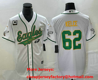 Men's Philadelphia Eagles #62 Jason Kelce White Gold C Patch Cool Base Stitched Baseball Jersey